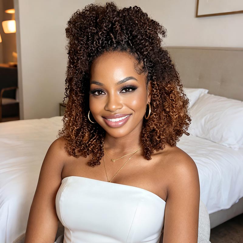 QVR Ombre #T4/30 Human Crochet Hair Afro Kinky Curly Machine Made Feather Crochet Hairstyle