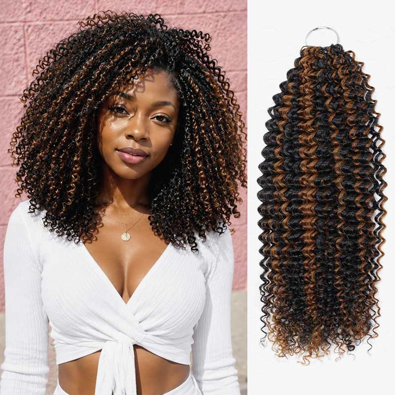 QVR Brown Highlight Feather Crochet Human Hair #P1B/30 Small Kinky Curly Machine Made Crochet Weave Hair Extensions