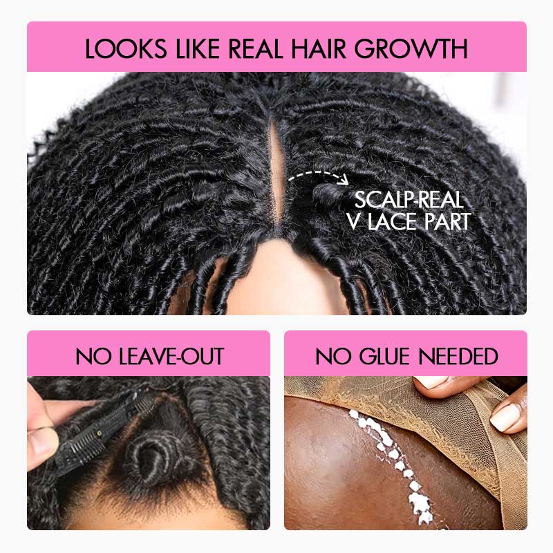 QVR Glueless Spiral Coily Curly V Part Wig Beginner Friendly Short Bob Wigs