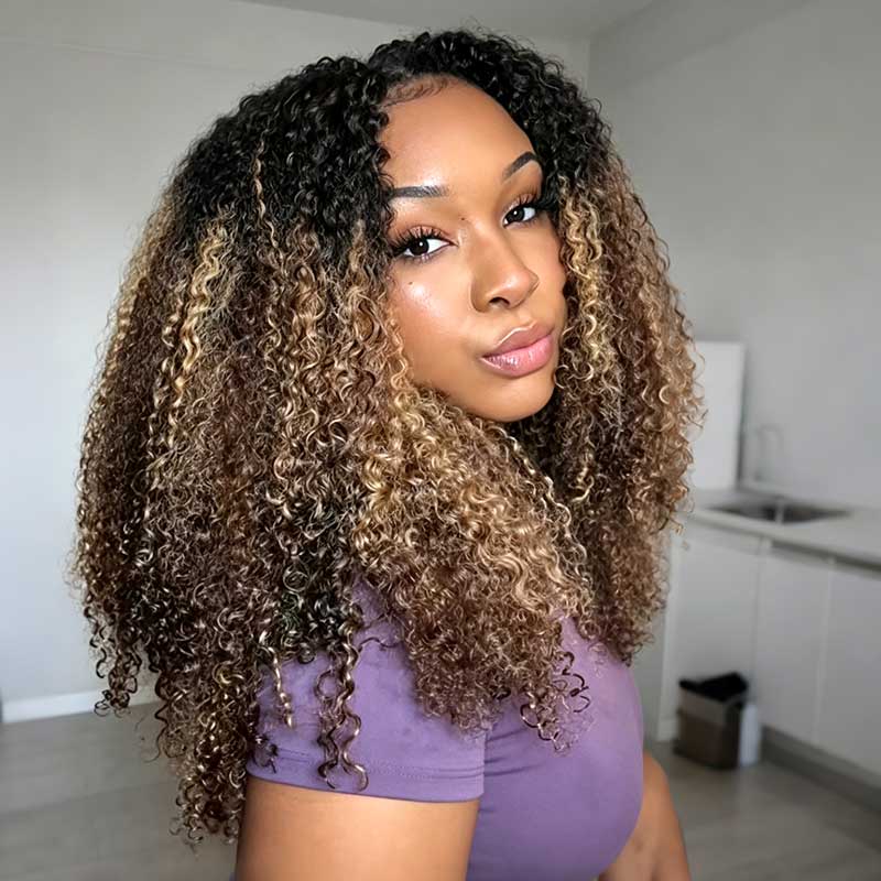 QVR Sun-Kissed Blonde Mixed Highlights Feather Crochet Human Hair Burmese Kinky Curly Miracle Knots Crochet Weave Hair Extensions