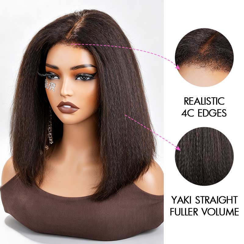 QVR 4C Edges Yaki Straight 9x6 Lace Short Bob Wigs Glueless Human Hair Wig