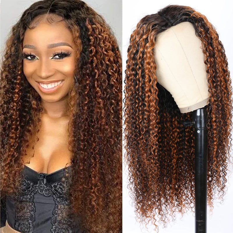 QVR Glueless Pre-cut Curly 13x4 Lace Frontal Human Hair Wigs Highlight Balayage Color Wigs Beginner Friendly