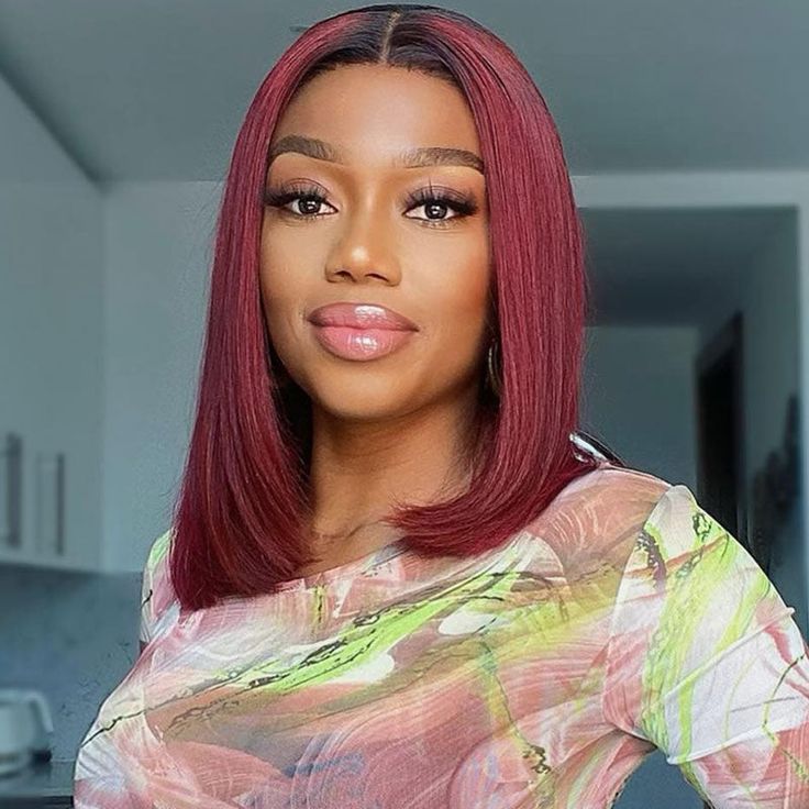 QVR 1B/99J Burgundy Color Hair Short Bob Wigs Straight Human Hair Wigs Short Lace Wigs With Dark Roots