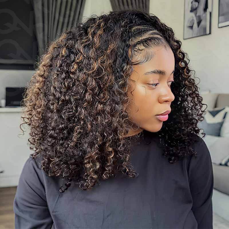 QVR Glueless Highlight Brown #1B/30 Twist Curly Half Wig 250% Density Human Hair Wig Wear Go Flip Over Wig