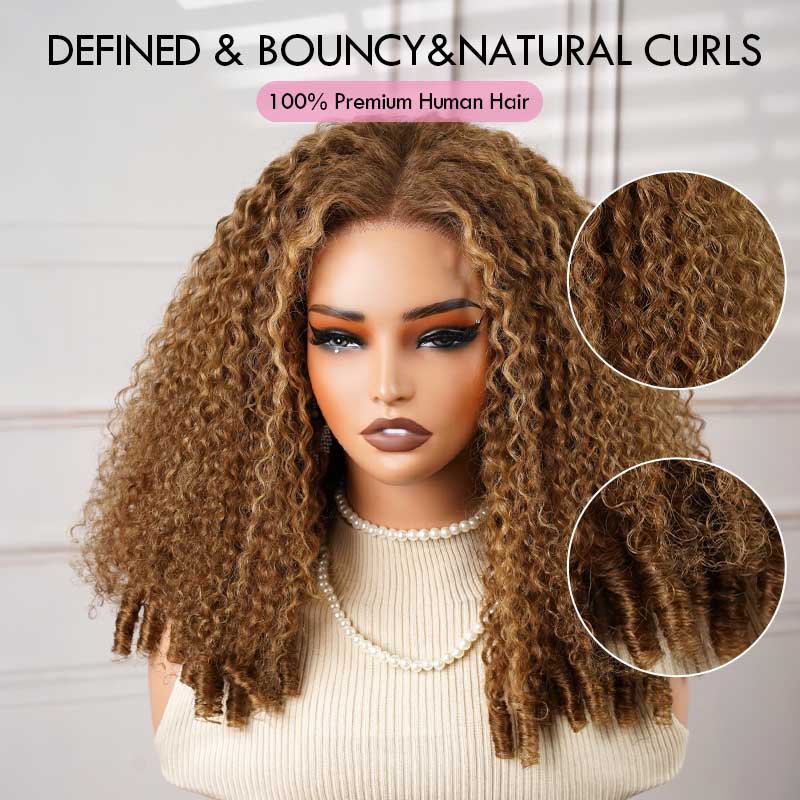 QVR Blonde Highlight #P4/27 Burmese Curly Glueless 5X5 Pre-cut Lace Closure Human Hair Wigs