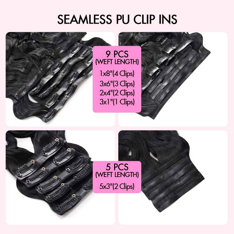 QVR Invisible Body Wave PU Clip In Hair Extensions 9PCS 5PCS Volumizer Human Hair