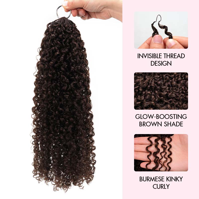 QVR Burmese Kinky Curly Feather Crochet Human Hair Dark Brown Miracle Knots Crochet Weave Hair Extensions