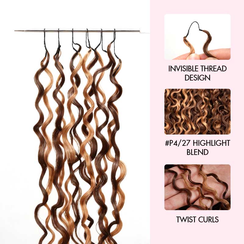 QVR Twist Curly Feather Crochet Human Hair Highlight #P4/27 Miracle Knots Crochet Weave Hair Extensions