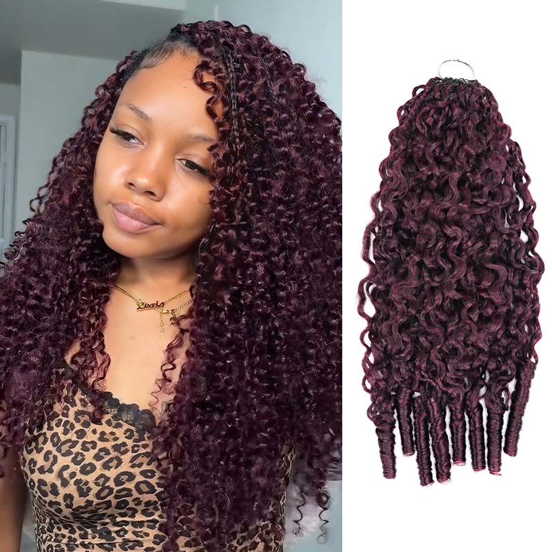 QVR Burmese Curly Feather Crochet Human Hair Dark Burgundy #99J Machine Made Crochet Weave Hair Extensions