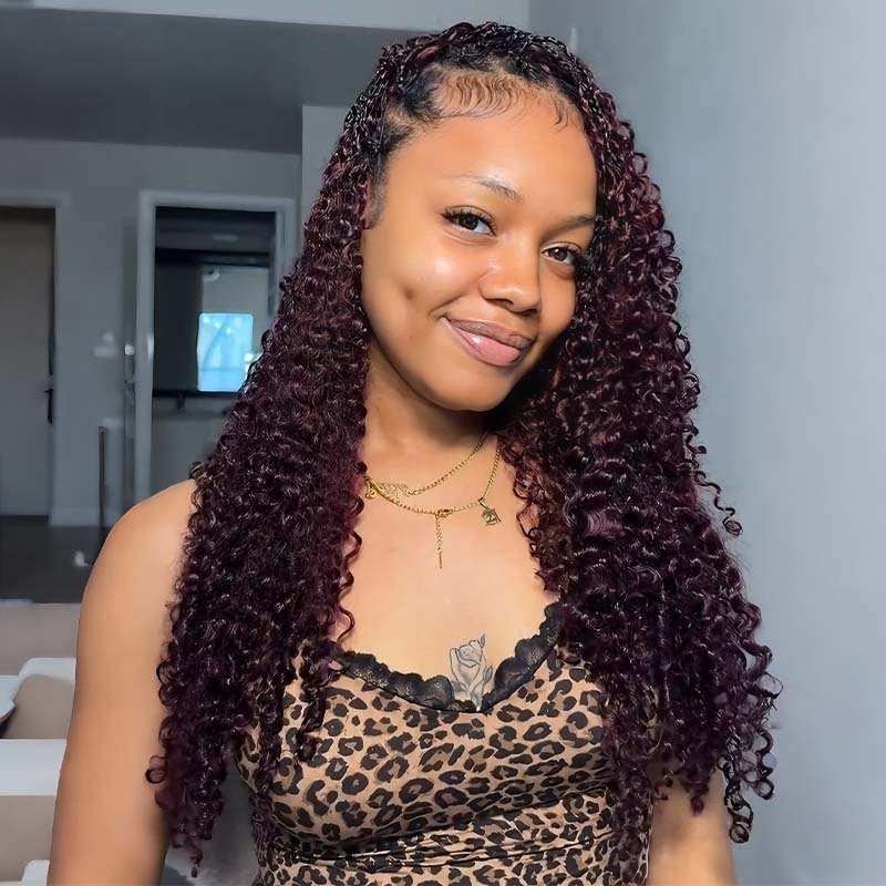 QVR Burmese Curly Feather Crochet Human Hair Dark Burgundy #99J Machine Made Crochet Weave Hair Extensions
