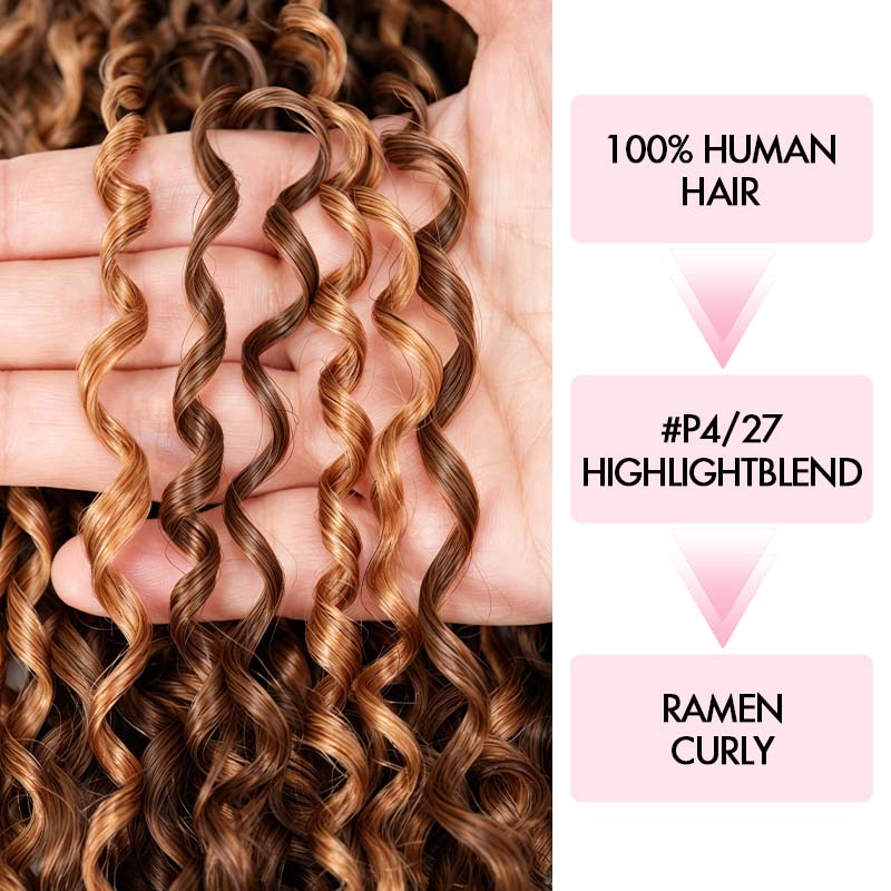 QVR Ramen Curl Feather Crochet Human Hair Highlight #P4/27 Miracle Knots Crochet Weave Hair Extensions