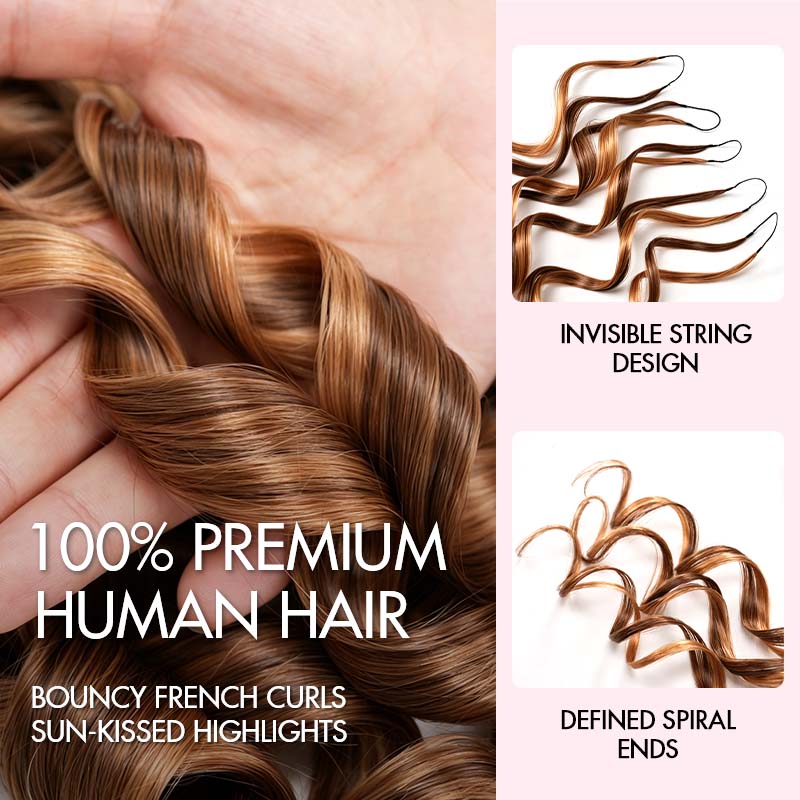 QVR French Curl Feather Crochet Human Hair Highlight #P4/27 Miracle Knots Crochet Weave Hair Extensions