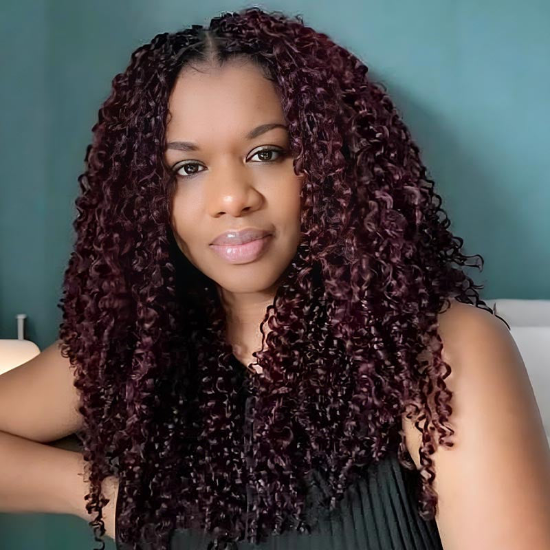 QVR Burmese Curly Feather Crochet Human Hair Dark Burgundy #99J Machine Made Crochet Weave Hair Extensions