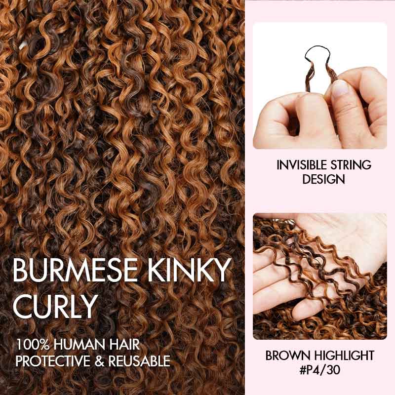 QVR Burmese Kinky Curly Feather Crochet Human Hair Highlight #P4/30 Miracle Knots Crochet Weave Hair Extensions