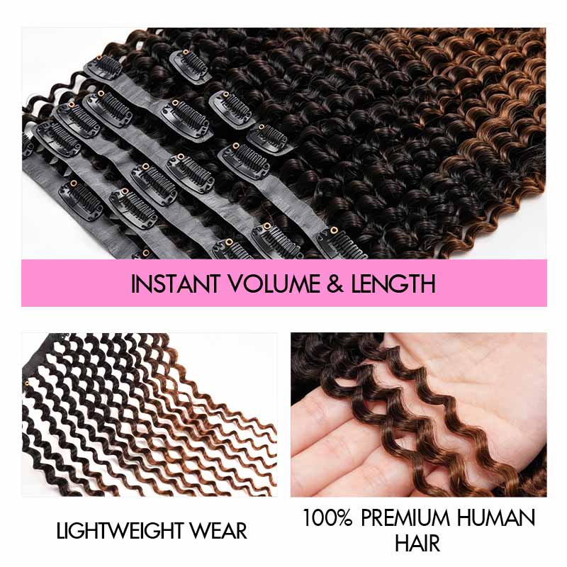 QVR #2/30 Mixed Subtle Ombre Small Kinky Curly PU Clip In Hair Extensions 9PCS 5PCS Volumizer Human Hair