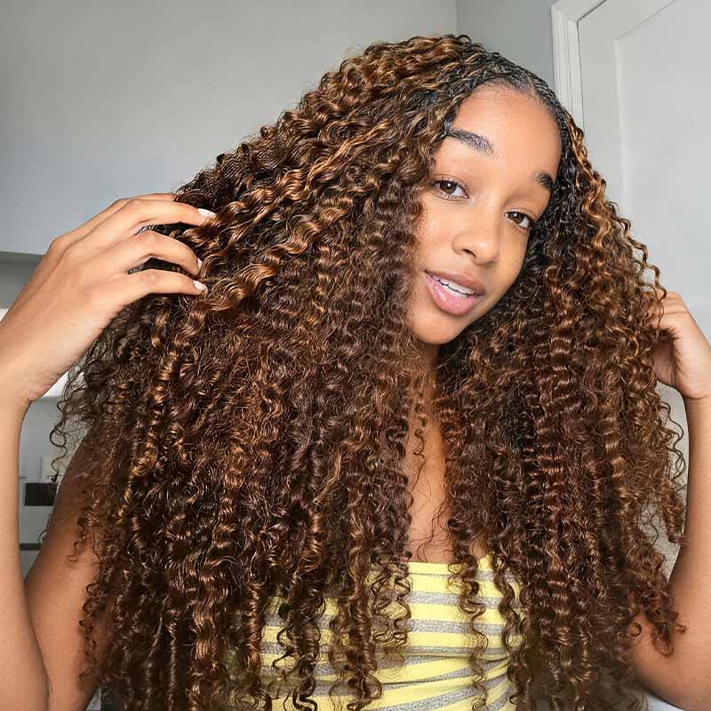 QVR Burmese Curly Feather Crochet Human Hair Highlight #P4/30 Miracle Knots Crochet Weave Hair Extensions