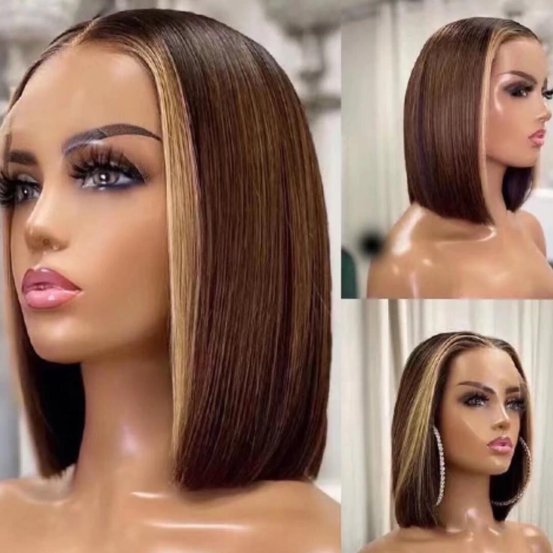 QVR Skunk Stripe Highlight Color Short Bob Wig 13x4 Lace Frontal Wig Chocolate Color Human Hair 12 inches H427