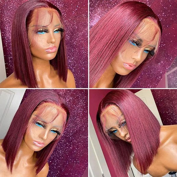 QVR 99J Burgundy Color T Lace Short Bob Wigs Straight Human Hair Wig 180% Lace Front Wigs