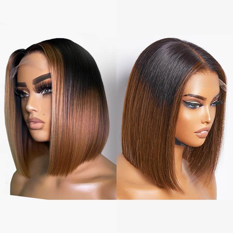 QVR Glueless Straight Ombre Brown Highlight Silky Blunt Cut 5x5 Lace Closure Short Bob Wigs