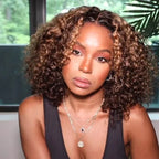 QVR Highlight Deep Curly Bob Human Hair Wigs Ombre Honey Brown 4x4 Lace Closure Wigs