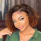 QVR Glueless Pre-cut 4X6 Lace Closure Side Part Wigs Short Bob Curly Mix Brown Human Hair Wigs