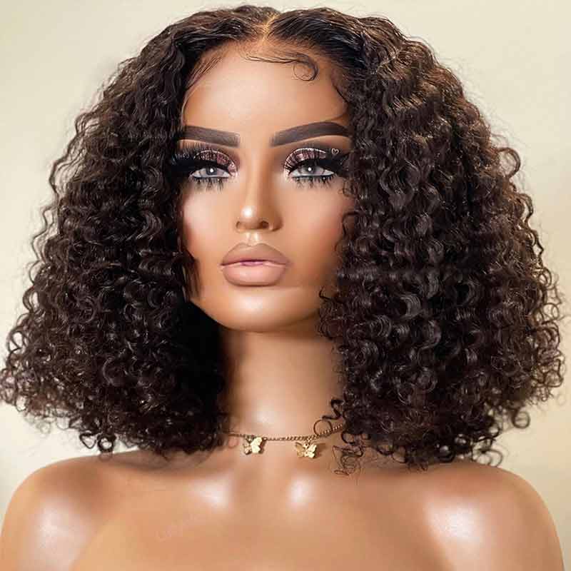 QVR Short Bob Wigs 4x4 Lace Closure Curly Bob Wigs Human Hair Wigs Natural Black
