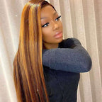 QVR Gluless Pre-cut 13x4 HD Lace Frontal Human Hair Wigs Straight Piano Highlight Brown Wear & Go Wigs