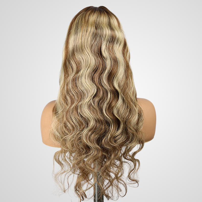 QVR Glueless Highlights Brown With Blonde Pre-cut 4x6 Lace Straight&Body Wave #P5/613 Wigs