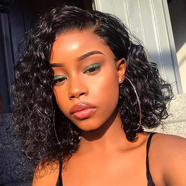 QVR Natural Black Side Part Water Wave Glueless T Part Lace Wigs Short Bob Wig