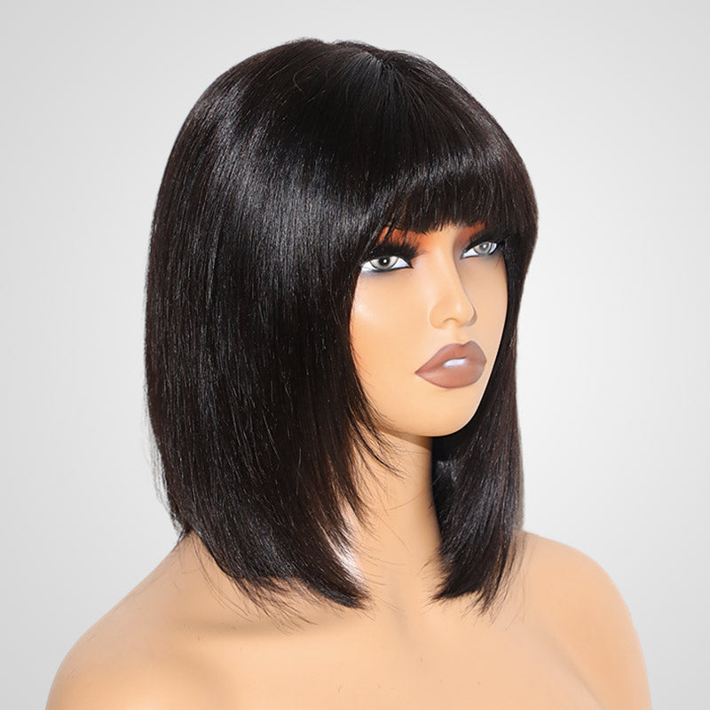 QVR Silk Straight 99J Color Machine Made Bob Wig With Bangs Straight Human Hair Wigs No Lace