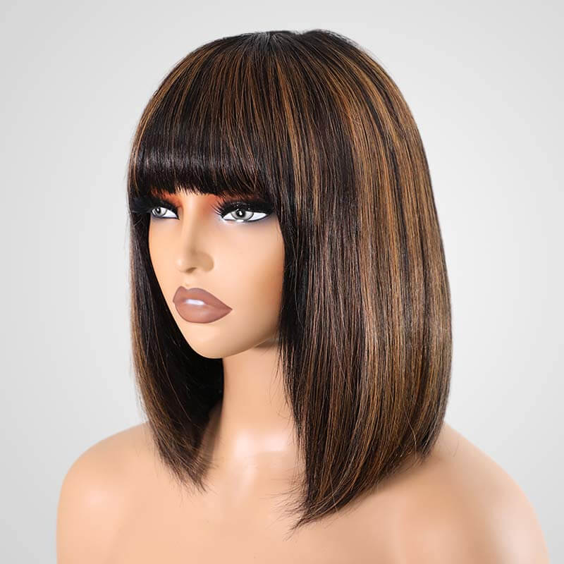 QVR Minimum Lace Highlight Brown Straight Short Bob Wig 1B/30 Layer Cut With Bangs