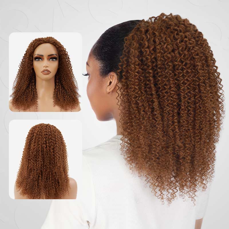 QVR Glueless Auburn Brown Kinky Curly Half Wig 250% Density Human Hair Wig Wear Go Flip Over Wig