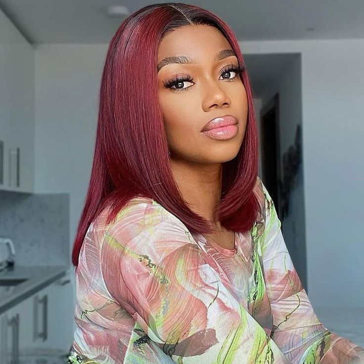 QVR 1B/99J Burgundy Color Hair Short Bob Wigs Straight Human Hair Wigs Short Lace Wigs With Dark Roots