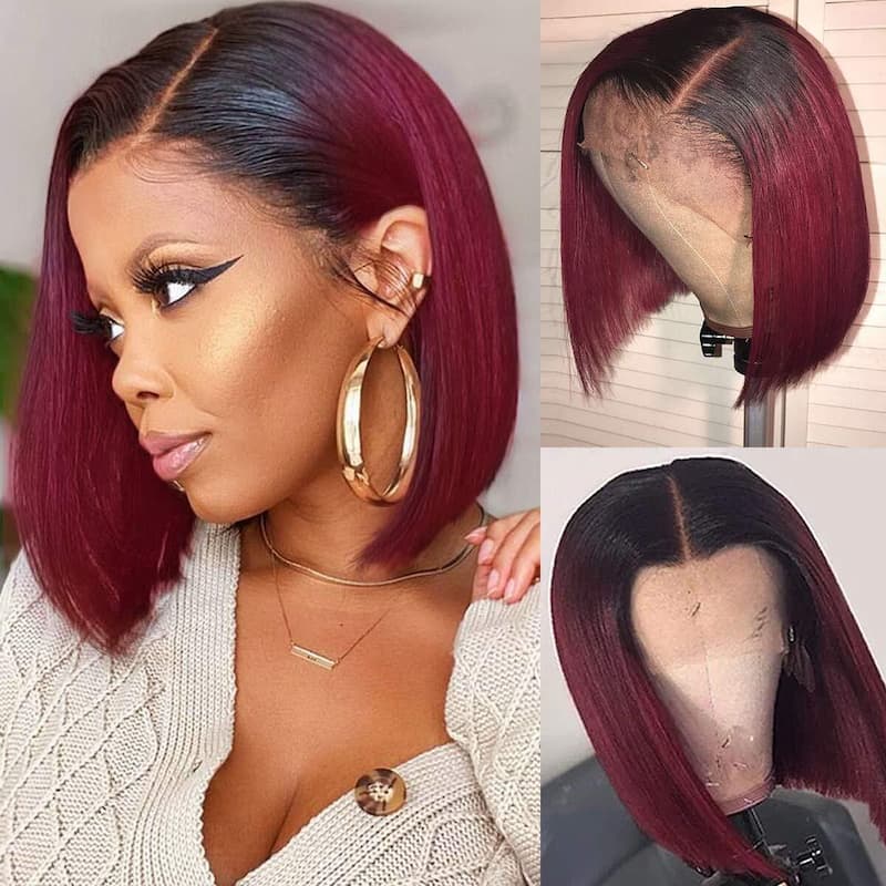 QVR 1B/99J Burgundy Color Hair Short Bob Wigs Straight Human Hair Wigs Short Lace Wigs With Dark Roots