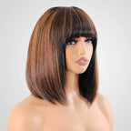 QVR Minimum Lace Highlight Brown Straight Short Bob Wig 1B/30 Layer Cut With Bangs