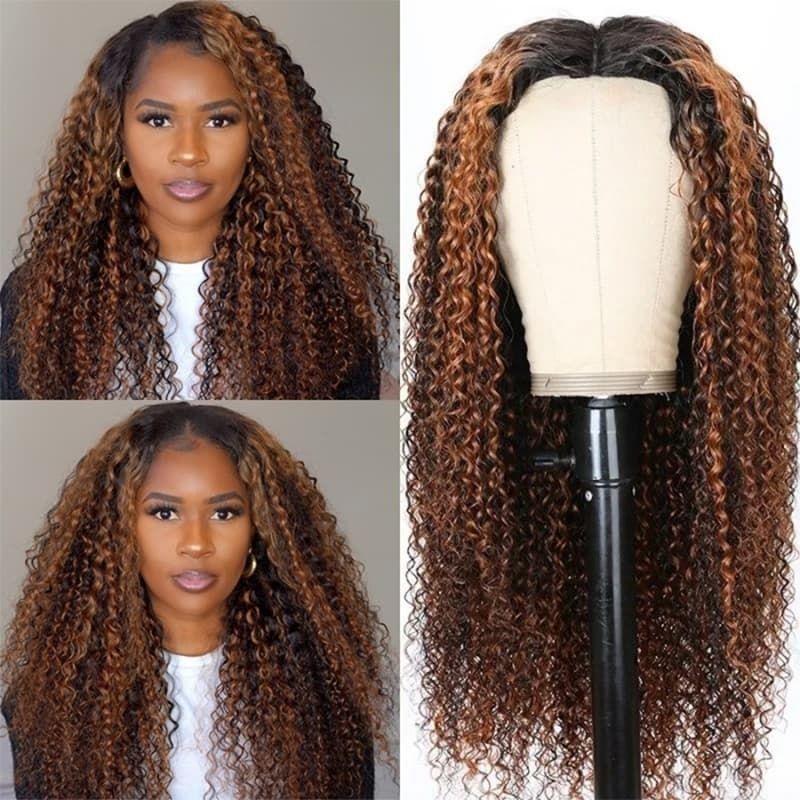 QVR Glueless Pre-cut Curly 13x4 Lace Frontal Human Hair Wigs Highlight Balayage Color Wigs Beginner Friendly