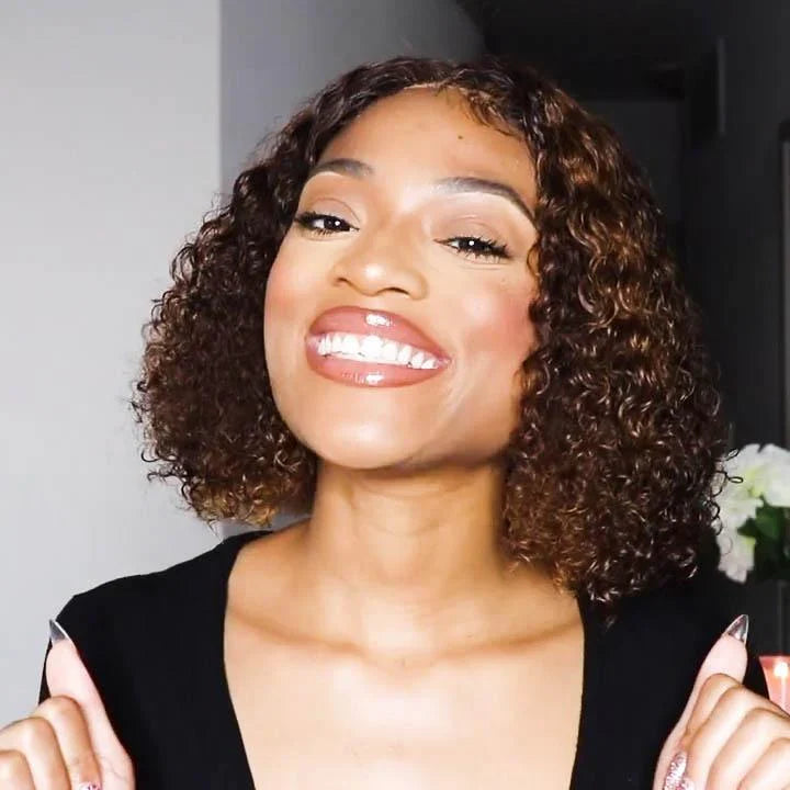 QVR Highlight Deep Curly Bob Human Hair Wigs Ombre Honey Brown 4x4 Lace Closure Wigs