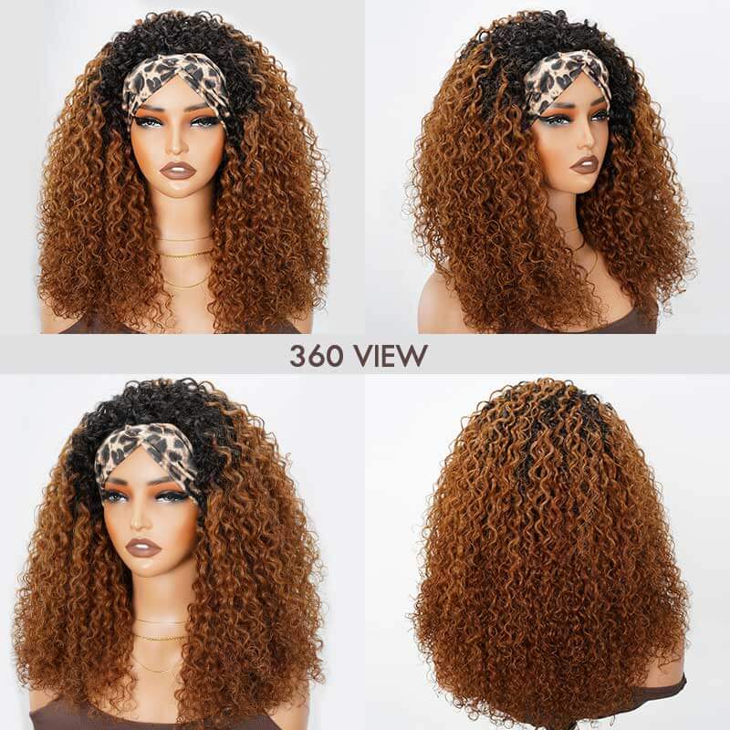 QVR Glueless Ombre Brown Twist Curly Half Wig with Black Roots 250% Density Human Hair Wig #T1B/30 Wear Go Flip Over Wig