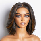 QVR Swoopy Layers Trim 5x5 Closure Stacked Bob Wig Brown Highlights Human Hair