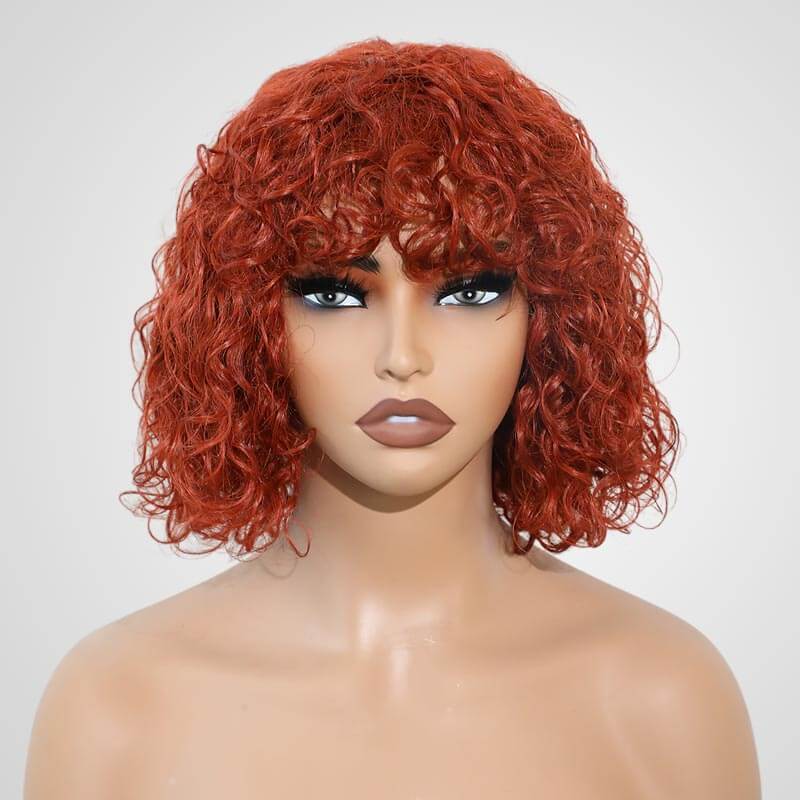 QVR Ginger Orange Color Water Wave Machine Made Wig With Bang Short Bob Wigs