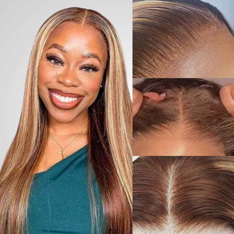 QVR Gluless Pre-cut 13x4 HD Lace Frontal Human Hair Wigs Straight Piano Highlight Brown Wear & Go Wigs
