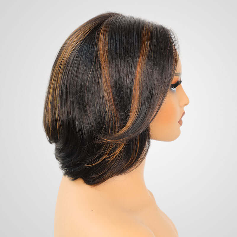 QVR Swoopy Layers Trim 5x5 Closure Stacked Bob Wig Brown Highlights Human Hair