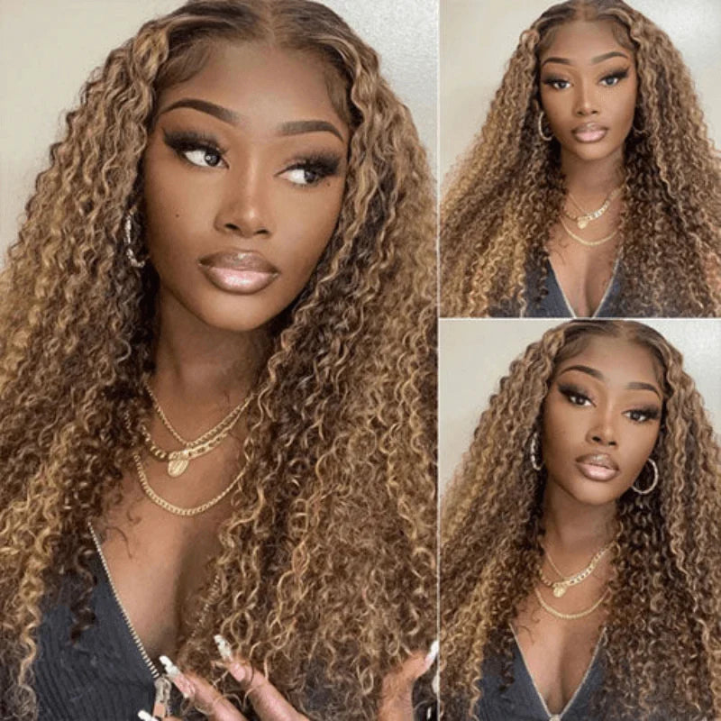 QVR Glueless Pre-cut 4x6 HD Lace Closure Human Hair Wigs Kinky Curly Piano Highlights Color Wear Go Wig
