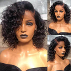 QVR Natural Black Side Part Water Wave Glueless T Part Lace Wigs Short Bob Wig