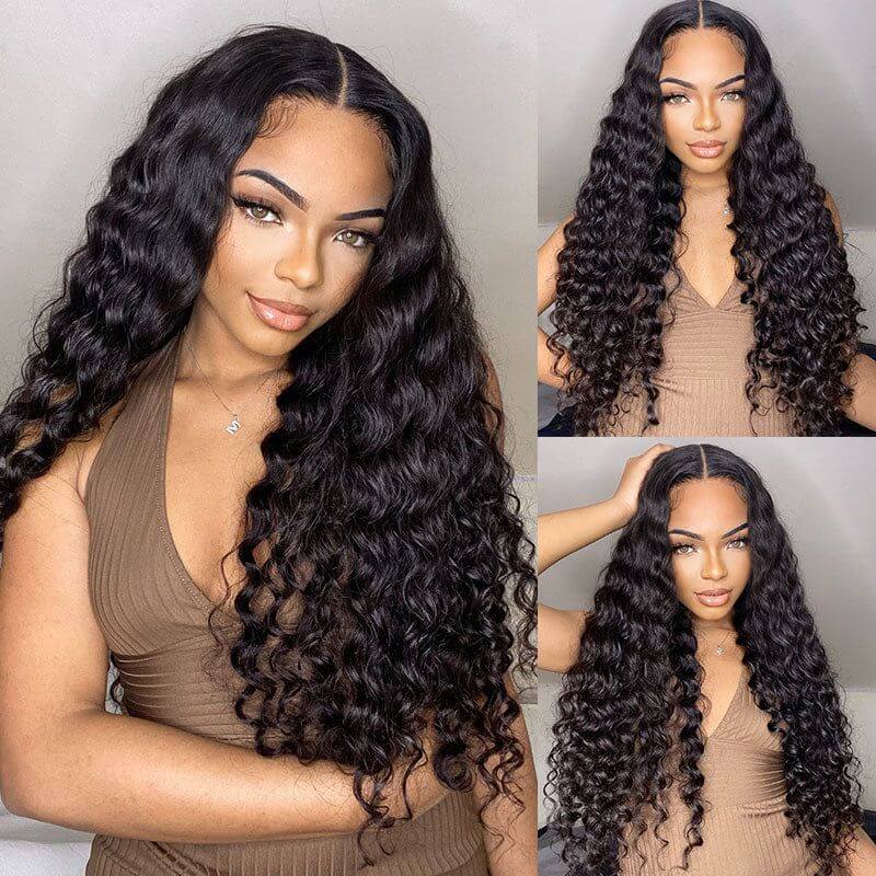 QVR Glueless Deep Wave V Part Wigs 180% Density Super Natural Human Hair Glueless 0 Skill Needed Wig