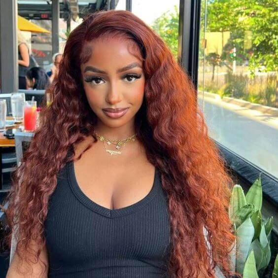 QVR Glueless Reddish Brown 4x6 Pre-cut Lace Closure Water Wave Wigs Wear Go Human Hair Wigs