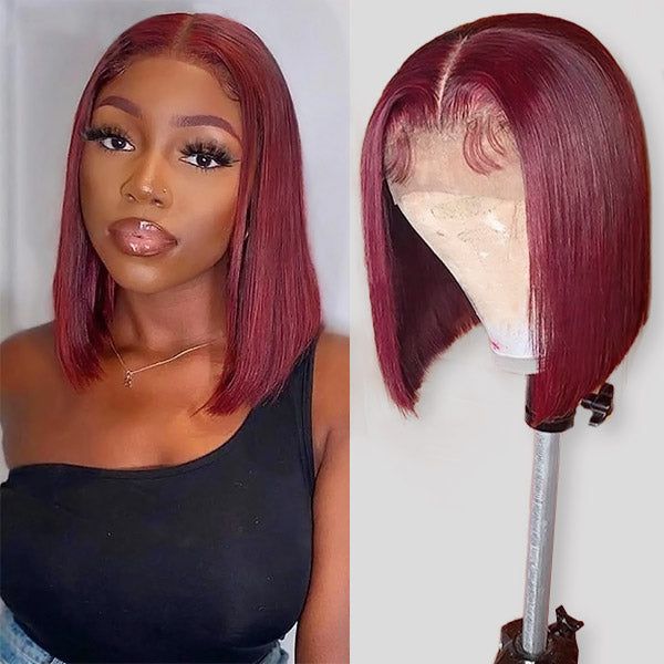 QVR 99J Burgundy Color Hair Short Bob Wigs Straight Human Hair Wigs Short Lace Wigs