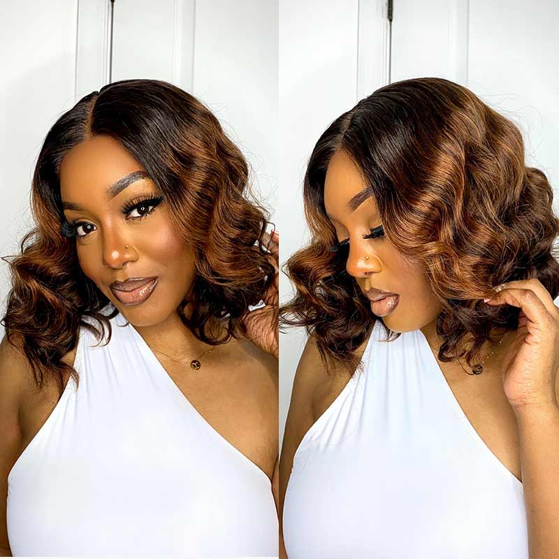QVR Loose Wave 13x4x1 T part Lace Ombre Brown Human Hair Wigs Glueless Short Bob Wig