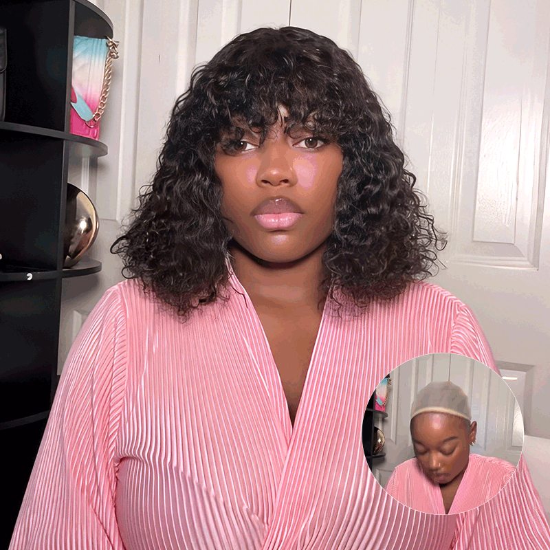 QVR Water Wave Short Pixie Bob Cut Wigs With Bangs For Black Women