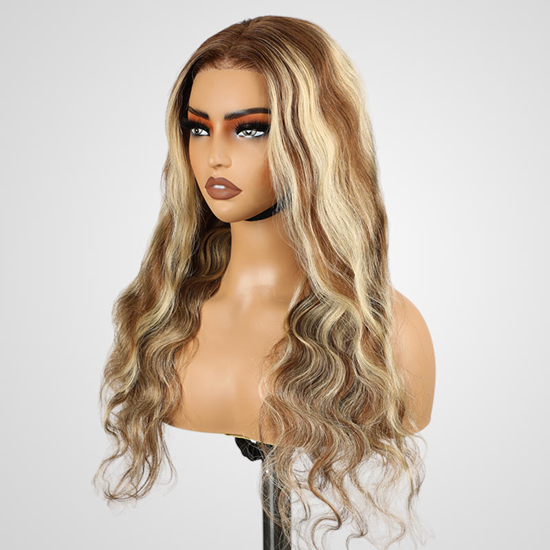 QVR Glueless Highlights Brown With Blonde Pre-cut 4x6 Lace Straight&Body Wave #P5/613 Wigs